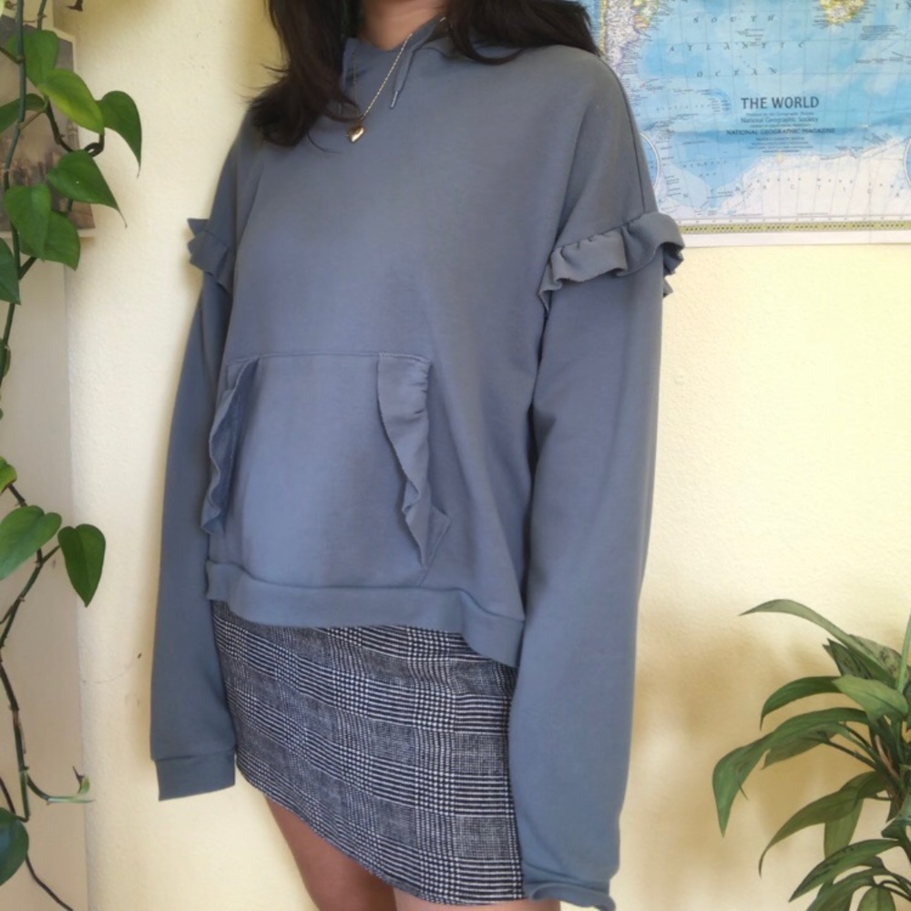 Ruffle hoodie sweatshirt top turquoise pocket hood